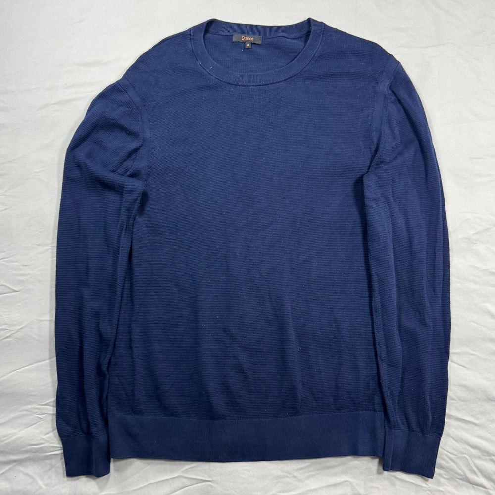 Quince Mens M Organic Cotton-Silk Pique Crewneck Sweater Navy Blue Preppy